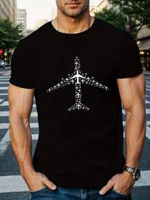 Camiseta Casual para Hombre con Gráfico de Avión - Poliéster Suave, Manga Corta, Cuello Redondo, Camiseta de Verano - Negro - Ver 2