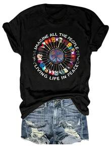 Women's Graphic Print T-Shirt - Short Sleeve Crew Neck Casual Top With Peace Symbols &Amp; Inspirational Quote, Lightweight Summer &Amp; Spring Tee, Machine Washable, Nontransparent Fabric - Black - View 1