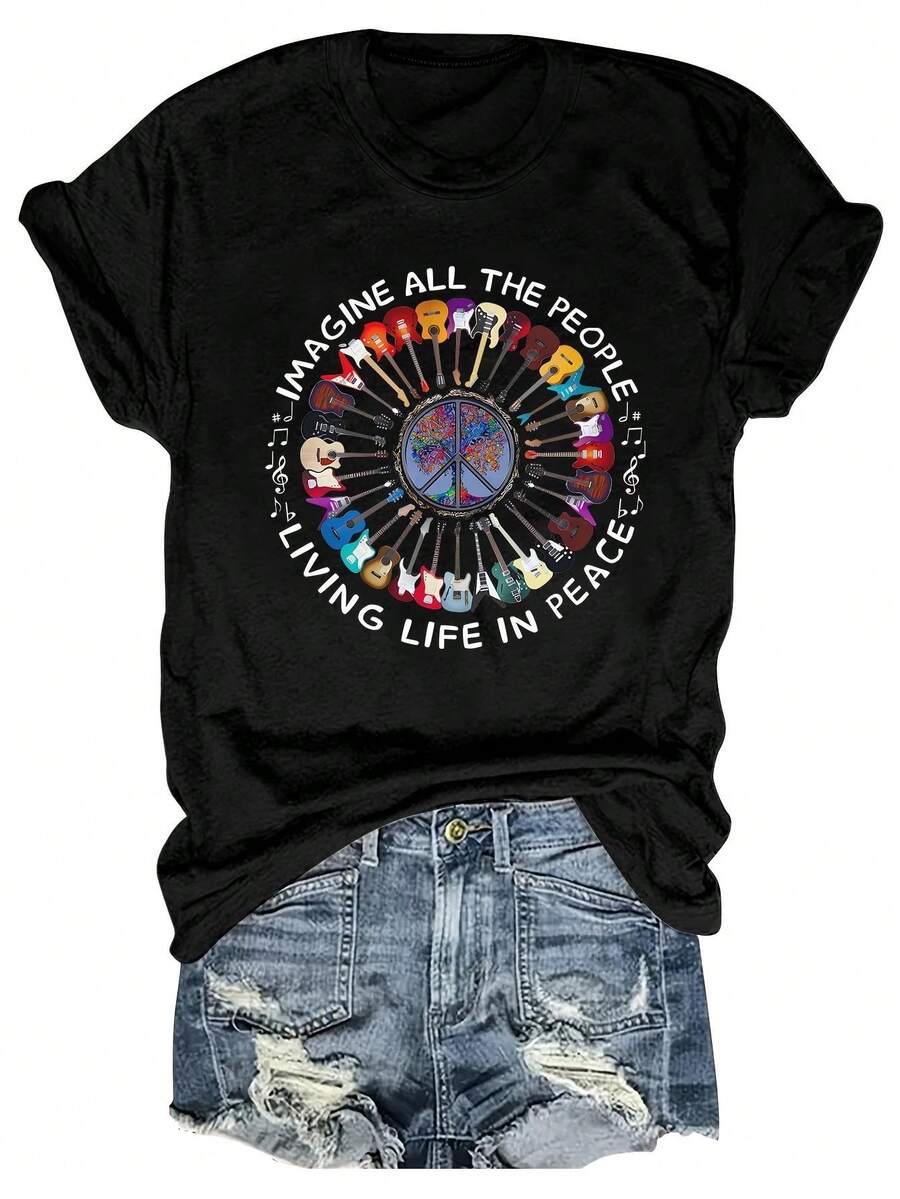 Women's Graphic Print T-Shirt - Short Sleeve Crew Neck Casual Top With Peace Symbols &Amp; Inspirational Quote, Lightweight Summer &Amp; Spring Tee, Machine Washable, Nontransparent Fabric - Black - View 1