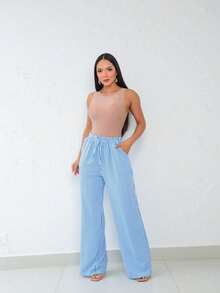 Wide Leg Striped Elastic Palazzo Pants With Pockets - Blue - View 6