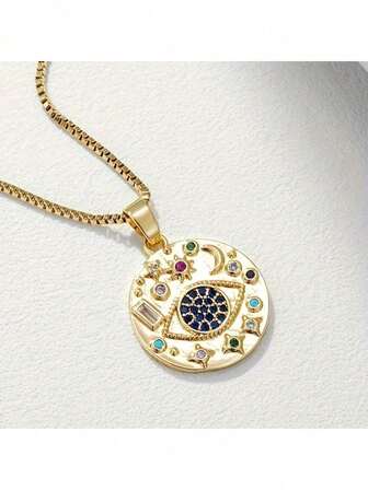 1 件不锈钢方晶锆石彩色水钻星蓝眼睛复古设计休闲派对项链吊坠（OPP 袋包装）