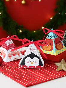 12 pièces Boîte à bonbons triangulaire de Noël, 6 styles de boîte à bonbons en papier de dessin animé avec ruban, boîte-cadeau de Noël avec Père Noël