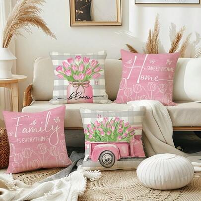 4PCS Tulip Floral Pillow Covers - 17.7*17.7 Inches, Buffalo Plaid Flowers Mason Jars And Truck Decor Home Sweet Home Farmhouse Cushion Covers, Spring Summer Seasonal Decor Pillowcases, For Porch Patio Couch Sofa Living Room Outdoor, Single-Side Print, Without Pillow Inserts