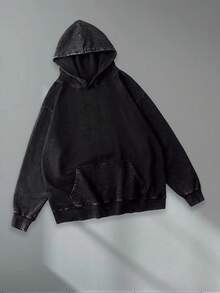 Washed Hoodie, Stylish And Retro Men's Hooded Sweatshirt, 400g Heavyweight Loose Design, Unisex Style, Suitable For Both Men And Women, Ideal For Casual Occasions, A Gift For Boyfriend, Street , An Ideal Gift Among Friends, Men's Clothing, Men's Hoodie That Is Breathable And Comfortable. - 黑色 - 查看 1