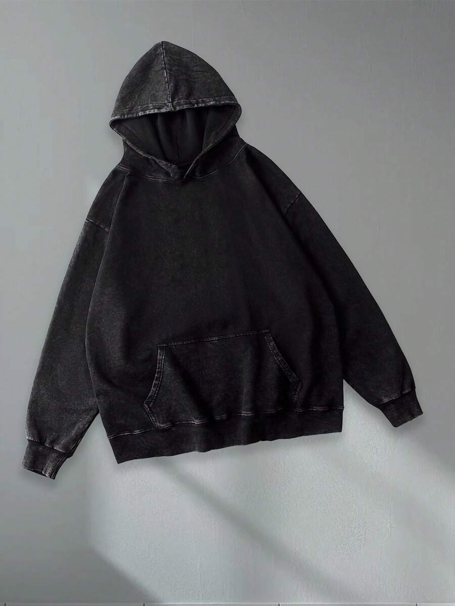 Washed Hoodie, Stylish And Retro Men's Hooded Sweatshirt, 400g Heavyweight Loose Design, Unisex Style, Suitable For Both Men And Women, Ideal For Casual Occasions, A Gift For Boyfriend, Street , An Ideal Gift Among Friends, Men's Clothing, Men's Hoodie That Is Breathable And Comfortable. - 黑色 - 查看 1