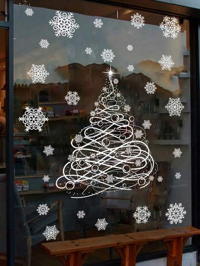 1/3pcs Classic Christmas Window Stickers - White Christmas Tree & Snowflake Window Decals, Winter Wonderland Wall Stickers For Holiday Party Decor, Xmas, New Year, Home Office Decorations, DIY Festive Decor