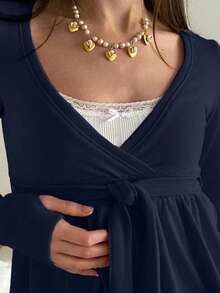 Women Y2K Babydoll Knit Tops Long Sleeve Lace Patchwork Low Cut Peplum Sweater Fairy Vintage 90s Coquette Blouse - 藍色 - 查看 5