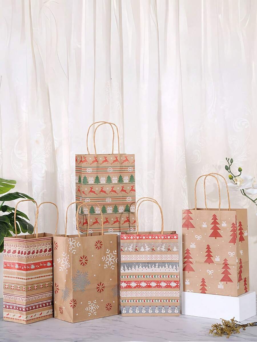 5 pièces Sacs cadeaux rayés de Noël, Sapin de Noël, Flocons de neige, Bas de Noël, Sacs cadeaux en papier kraft, Fournitures de cadeaux de vacances