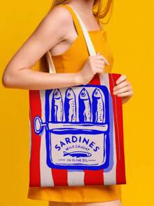 Fashionable Sardine Print Canvas Bag, Sardine Themed, Unisex Large Capacity Shoulder Bag, Shopping Bag, Lightweight Travel Luggage Bag, Reusable Student Commuter Canvas Bag, Suitable As Birthday Gift For Family And Friends - Multicolor - View 21