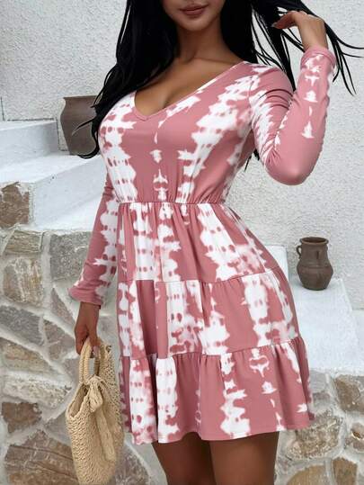 Vestido dama mujer estampado tie dye escote v mangas largas cintura elástica falda largo corto ligera suave fluidez natural elástica ajuste relajado versatilidad movimiento otoño primavera