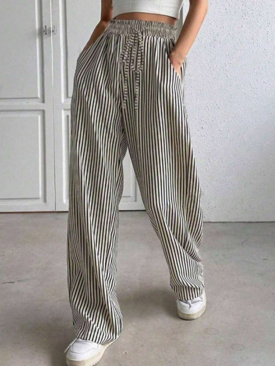 Wide Leg Striped Elastic Palazzo Pants With Pockets - Black - View 1