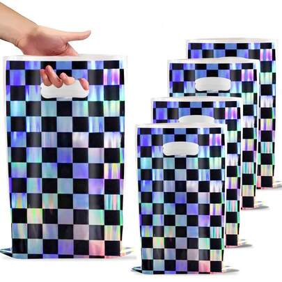 10 Confezione di Sacchetti di plastica neri iridescenti a quadri - Sacchetti regalo a quadri laser per decorazioni per feste di compleanno, sacchetti regalo per feste, lauree ed eventi sportivi, forniture per feste in plastica resistente