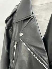 Jaqueta casual de manga comprida, gola pontiaguda, bolso com zíper e cinto, cor sólida, ideal para o inverno. Preta. - Preto - Ver 4