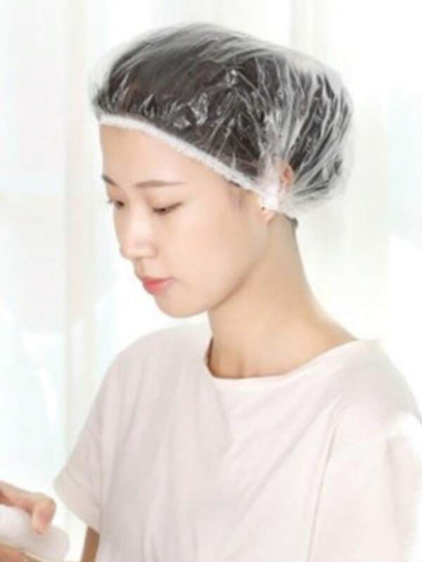 100 piezas Gorros de ducha desechables, gorros de plástico transparente, gorro, gorro de ducha, accesorios de ducha, accesorios de baño, baño, económico, gorros de baño impermeables y elásticos para tratamiento del cabello, tinte para el cabello, spa, hotel, viaje y uso doméstico, artículos esenciales para volver a la escuela, impermeables y resistentes al aceite