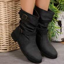 Mid-Calf Women's Boots For Autumn/Winter 2025, European And American Style, Round Toe, Square Heel, Large Size, With Belt Buckle - C-1 Đen - Xem 2