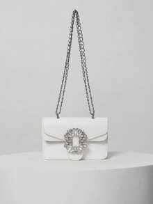 Mini Rhinestone Decoration Shoulder Bag, Fashionable PU Flap With Metal Chain Strap Clutch For Women Winter Gifts - White - View 5