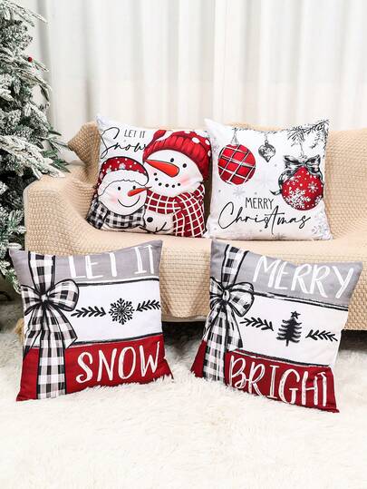 4 件圣诞枕套、圣诞涤纶方形靠垫套、圣诞格子蝴蝶结雪人设计、圣诞柔软抱枕套，适用于家居装饰、圣诞装饰、卧室装饰、圣诞沙发椅装饰、圣诞礼物、圣诞礼物装饰、装饰、圣诞快乐派对装饰、圣诞派对用品、冬季装饰、圣诞派对礼品（不含枕芯）