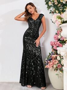 High Quality Elastic Sequin Double V-Neck Cap Sleeves Sequin Mermaid Hem Evening Dress For Women,Formal Wedding Guest Gown Dress, For Graduation, Formal Dress,Dinner Party Dress