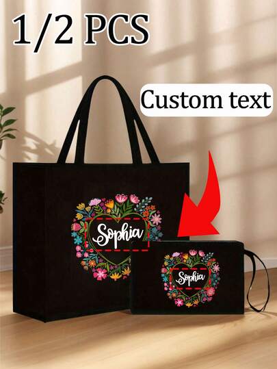 2pcs/Set With Customized Name, Colorful Wreath Pattern Handbag And Cosmetic Bag Set, Women'S Linen Large Capacity Handbag, Shopping Bag, Portable Casual Storage Handbag, Suitable For Daily Travel, Beach Vacation, Large Capacity Shopping Bag, Perfect For School, Birthday, College, Work, Business, Commuting, Outdoor, Travel, Outdoor, Vacation, Christmas Gift