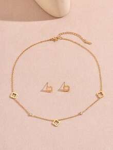 VceTd 一套优雅简约时尚镂空四叶草项链手链耳环首饰套装，女士款，玻璃镶嵌四叶草项链手链耳环套装，高品质防水不褪色首饰，时尚配饰礼品，节日礼物 - 金黃色 - 查看 6