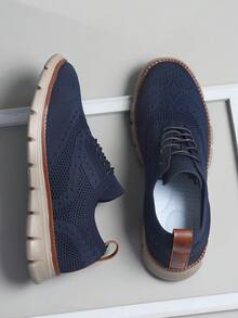 Plus Size Men's Shoes Size 48 Navy Blue Fashionable British Style Perforated Mesh Lace-Up Comfortable Casual Sneakers