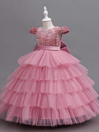 Váy công chúa hoa thanh lịch cho bé gái, váy dài bồng bềnh cổ chữ V đính sequin nơ sang trọng, thích hợp cho đám cưới, dạ hội, những dịp trang trọng