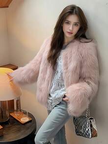 新款冬季女士优雅别致粉色仿皮草外套 时尚复古蓬松长袖休闲毛绒皮草外套 女式毛绒蓬松夹克外套 派对圣诞节新年服装 - 粉色 - 查看 6