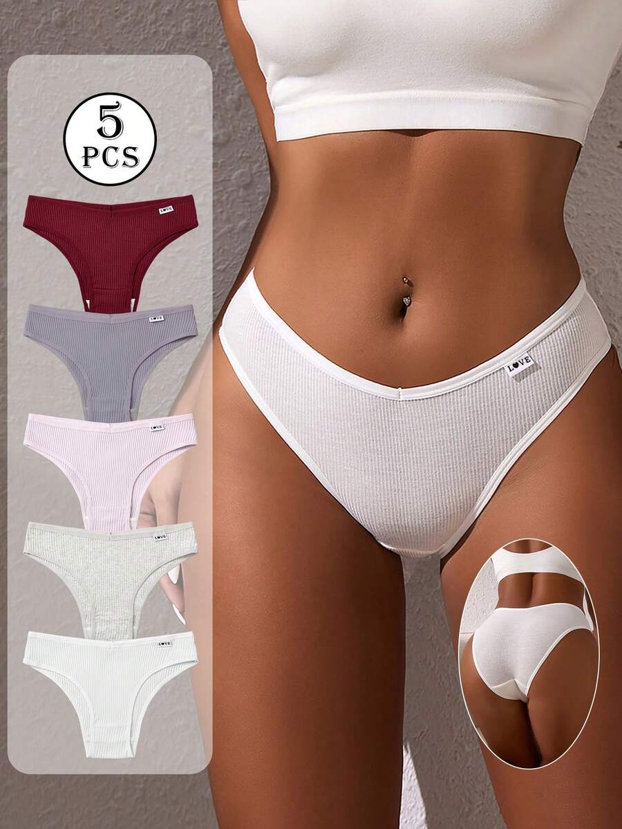 5pcs Pack Women's Ribbed Panties, High Elasticity Solid Color Letter Design Low Waist Briefs