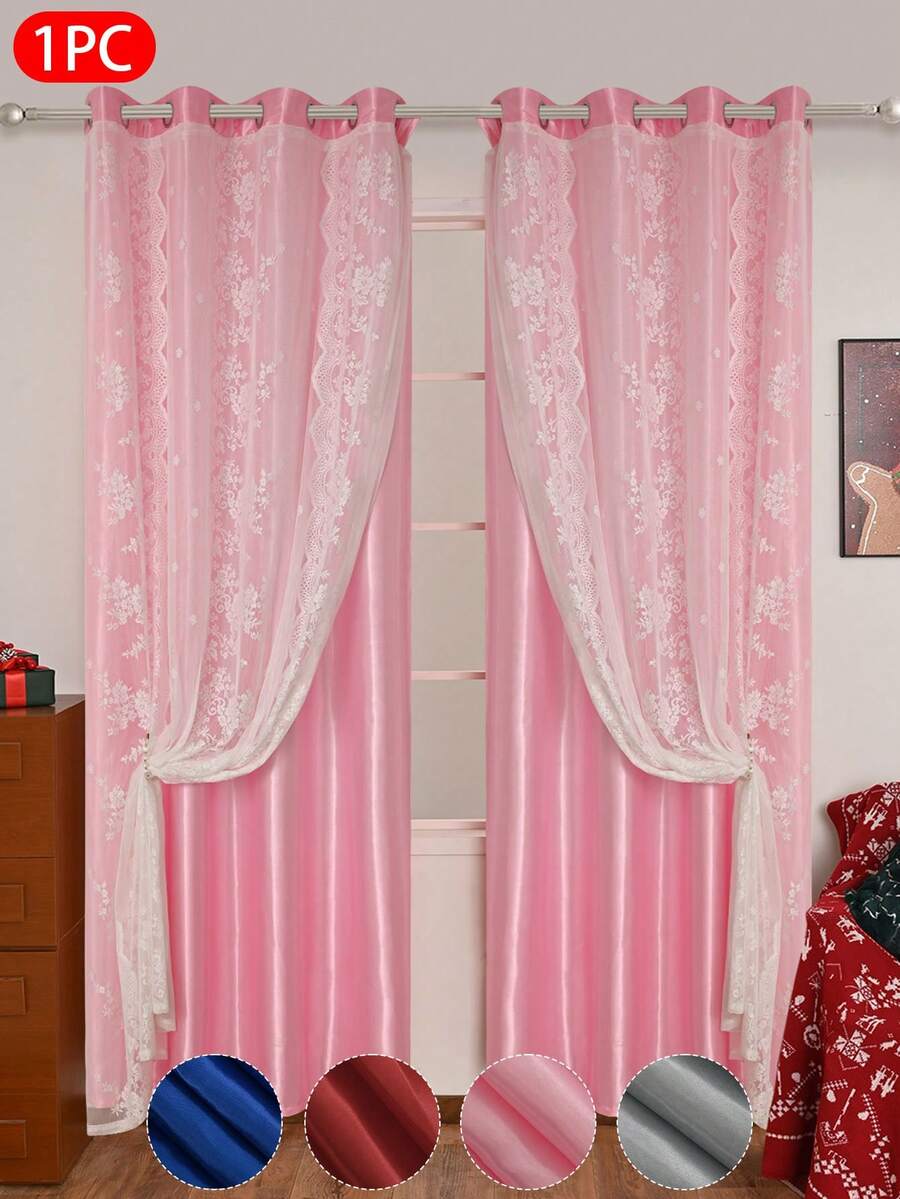 1 pieza Cortina de encaje transparente de doble capa de unicolor, 100% poliéster con diseño de anillos superiores, que filtra la luz y ofrece privacidad, adecuada para dormitorio, sala de estar, balcón y otras habitaciones