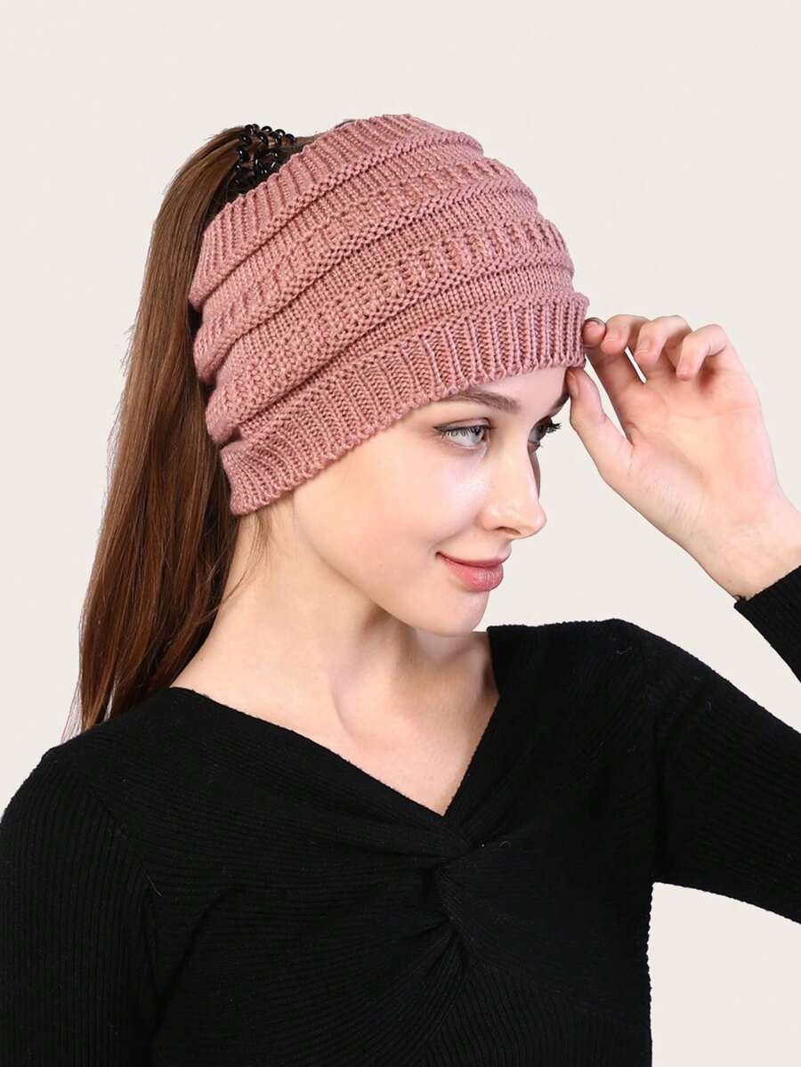 Mũ len buộc đuôi ngựa trơn màu thông thường, đa năng cho mùa đông - Bụi hồng - Xem 1