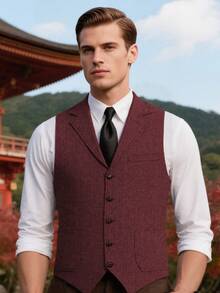 Retro Men's Western Cowboy Suit Vest Slim Fit V Neck Suede Leather Dress Vests Vintage Prom Wedding Casual Waistcoat - 酒紅色 - 查看 8