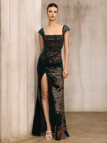 Women's Elegant Luxurious Velvet Rhinestone Ruched Slit Backless Tie Bodycon Fishtail Hem Party Evening Gown, Suitable For Special Occasions, Autumn Dress, Formal Banquet Dress - Dark Green - View 6