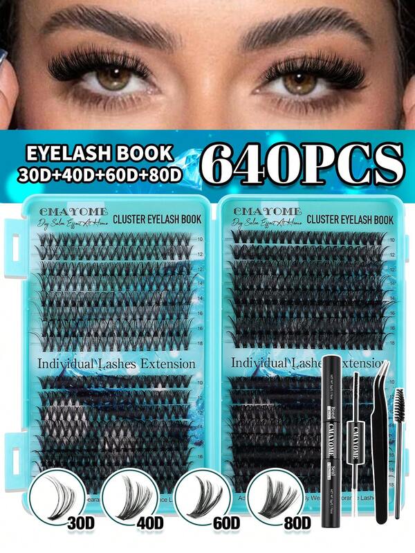 Racimos de pestañas de 648 hebras/640 hebras/576 hebras/432 hebras, set de racimos de pestañas, estilo híbrido en forma de D de 10-16 mm/14-20 mm pestañas individuales ultra densas con hebras finas, cuatro estilos en una paleta. El set incluye adhesivo y sellador, pinzas y brochas. Ideal para DIY en casa, fácil para principiantes y convenientemente portátil para salidas festivas.
