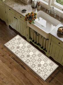 1pc Silica Gel Kitchen Mat, Vintage Mosaic Pattern, Gray & White Color Scheme, Composed Of Various Small Squares With Floral, Geometric Patterns, Classic Elegant Retro Style, Luxury Fashion Kitchen Carpet, Anti-Fatigue