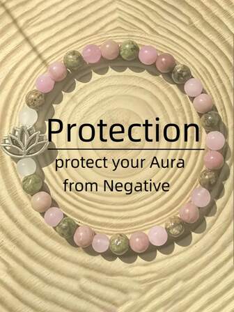 6mm Lotus Chakra Bracelet With Rose Quartz, Rhodonite, And Unakite - Natural Gemstone Beads Symbolize Prosperity And Love. This Elegant Piece Is Perfect For Everyday Wear, A Bohemian-Inspired Spiritual Jewelry Piece, And A Gorgeous Crystal Gift For A Loved One.