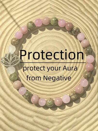 6mm Lotus Chakra Bracelet With Rose Quartz, Rhodonite, And Unakite - Natural Gemstone Beads Symbolize Prosperity And Love. This Elegant Piece Is Perfect For Everyday Wear, A Bohemian-Inspired Spiritual Jewelry Piece, And A Gorgeous Crystal Gift For A Loved One.