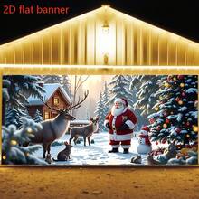 Pancarta plana 2D de Navidad para el garaje - Escena de Papá Noel, renos y pueblo de muñecos de nieve, decoración de pared exterior navideña adecuada para fiestas, de poliéster
