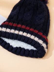 1 pièce Bonnet tricoté à pompons rayés bicolores, chapeau tricoté chaud, doublé thermique, polyvalent et pour l'hiver, pour un usage quotidien, les déplacements et les courses - bande - Voir 8