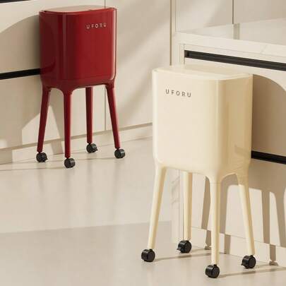 Thùng rác chân cao không uốn cong có nắp ấn để mở - Thùng rác hình bầu dục dung tích lớn cho nhà bếp và phòng khách, nhựa bền, thiết kế hiện đại màu đỏ, 4 bánh xe dễ dàng di chuyển, thùng rác nhà bếp, thùng rác gia đình, thùng rác thanh lịch, thùng rác hoàn thiện mịn