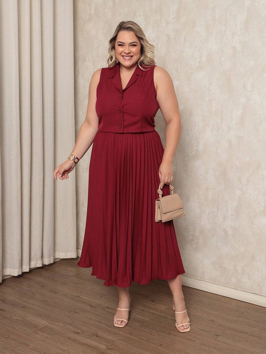 ANLE MODAS Women's Set Pleated Skirt With Elegant Vest Luis Twill Plus Size - 酒紅色 - 查看 1