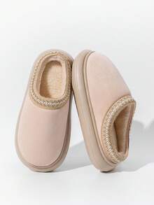 Dép nhung trơn màu cho mùa thu/đông, đế dày EVA chống trượt, mặt trên bằng da lộn giả nhung ấm áp, đế mềm thích hợp mặc trong nhà/ngoài trời cho mùa đông - Màu be - Xem 2