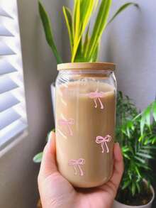 1 Set Of Pink Bow Glass Cups (With Bamboo Lids And Straws), Outdoor Travel Portable Large-Capacity Water Cups, Exquisite And Cute Milk Tea Cups, High-Quality Juice/Coffee Cups, Suitable For Summer/Autumn/Winter,Christmas/Christmas Decorations/Halloween Decorations/Christmas Gifts/Christmas Decorations Home/Kitchen Accessories