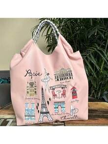 1pc Fashion Versatile Leather Embroidered Architecture Pattern Foldable Large Capacity Tote Bag, Adjustable Shoulder Strap For Daily Commute & Shopping