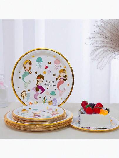 12/24/48 Piece Set, Disposable Tableware, Hot Stamping Technology, Cartoon Mermaid Theme Disposable Paper Tray, 7-Inch Paper Tray, 9-Inch Paper Tray, Food Tray, Party Tray, Material, Suitable For Weddings, Bridal Showers