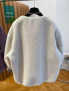 时尚女士仿羊毛夹克，宽松厚羊毛混纺外套，2025 秋冬新品 - 米色 - 查看 2