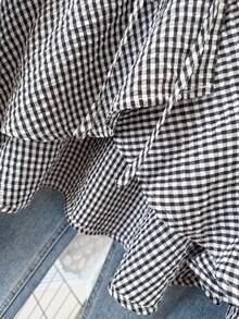 Selcouth Plus Size Women Elegant Patterned Plaid Bowknot Collar Ruffle Hem Fitted Flare Sleeve Long Sleeve Shirt, Versatile Top For Autumn - Black and White - View 8