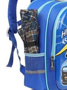 1个背包，适合男孩小学、初中和高中学生，可爱汽车图案，轻便硬壳背包，减少负重，保护背部，返校季背包手提包 - 藍色 - 查看 7