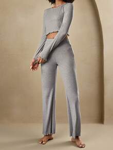 Anewsta 休闲舒适人造丝纯色露脐拇指孔上衣和喇叭裤女士家居服套装，混色灰色假日季套装，冬季服装 - 灰色 - 查看 2