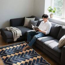 Large Modern Geometric Rug - Navy Blue And Gold Brown Woven Rug, Soft Flat Woven Large Area Rug, Suitable For Living Room, Bedroom, Office - Machine Washable, Navy Blue And Gold Home Decor Rug, Rectangular Geometric Pattern Woven Rug, Suitable For Spaces Over 2. 16 Square Meters, Fashionable Navy Blue And Gold Design, Easy To Clean And Move, Durable Material, Vintage Carpet - Nhiều màu - Xem 6