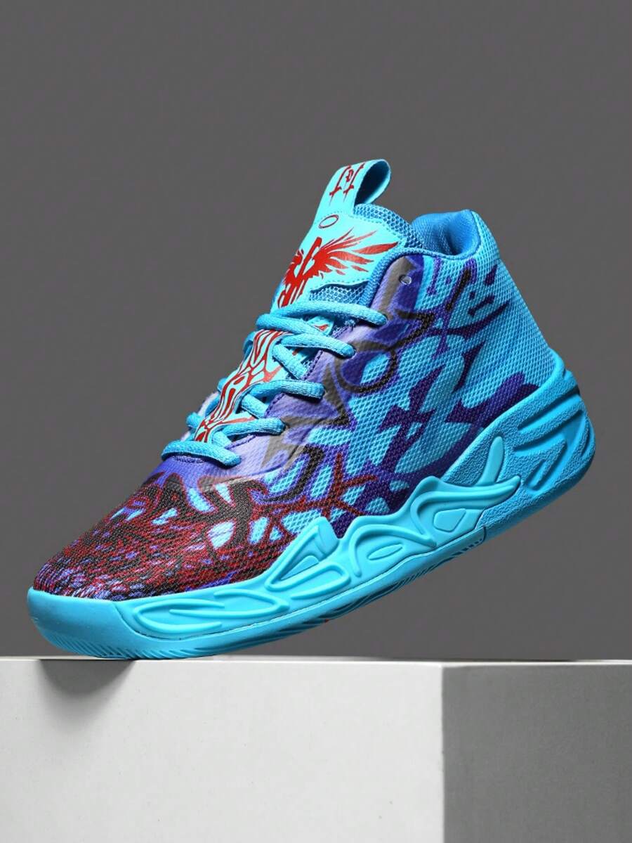 Men's Fashionable Shock-Absorbing Sports Shoes, Graffiti Teenage Basketball Shoes - Comfortable, Breathable, Non-Slip, Shock-Absorbing Sports Shoes Suitable For Training, Running And Walking (Handpainted Uneven, Camouflage Asymmetrical Pattern) - Blue and Purple - View 1